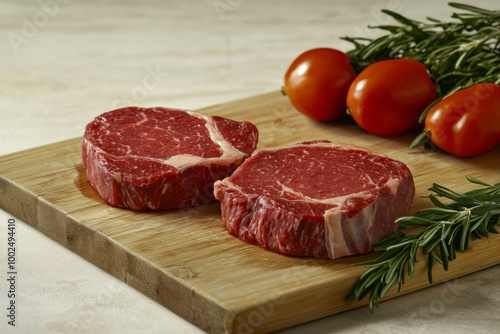 Freshly cut steaks on a wooden board with tomatoes and rosemary in a kitchen setting