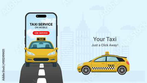 Order a Taxi Online via Smartphone and Mobile App: Yellow Cab drives on road with Cityscape Background | 3D Vector Illustration of Taxi Service