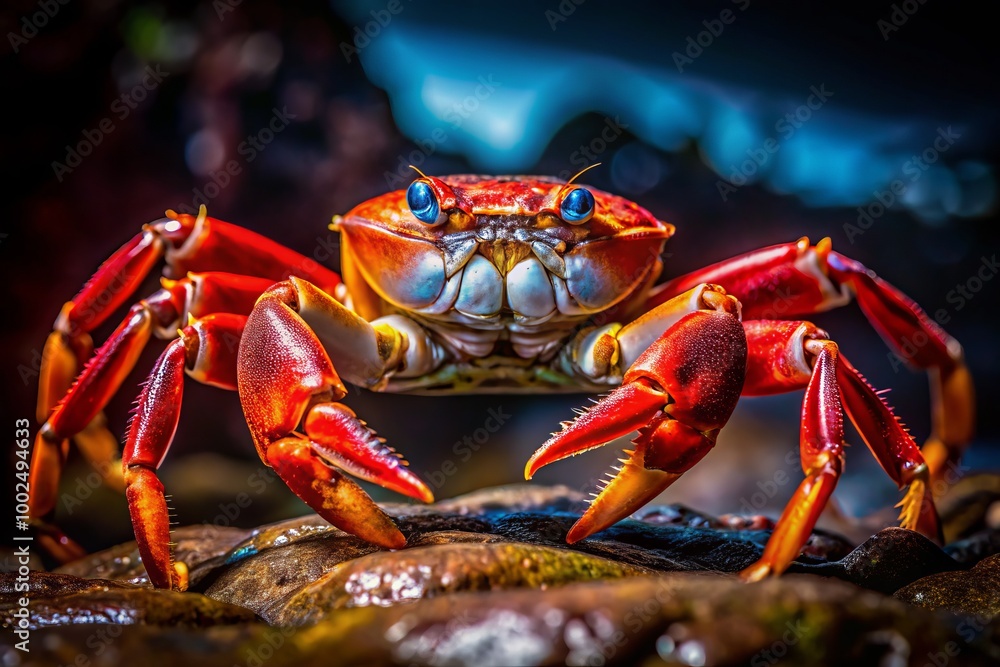 Fierce Red Crab with Claws Raised on Sandy Beach, Showcasing Nature's Wild and Untamed Spirit Fierce Red Crab with Claws Raised on Sandy Beach, Showcasing Nature's Wild and Untamed Spirit