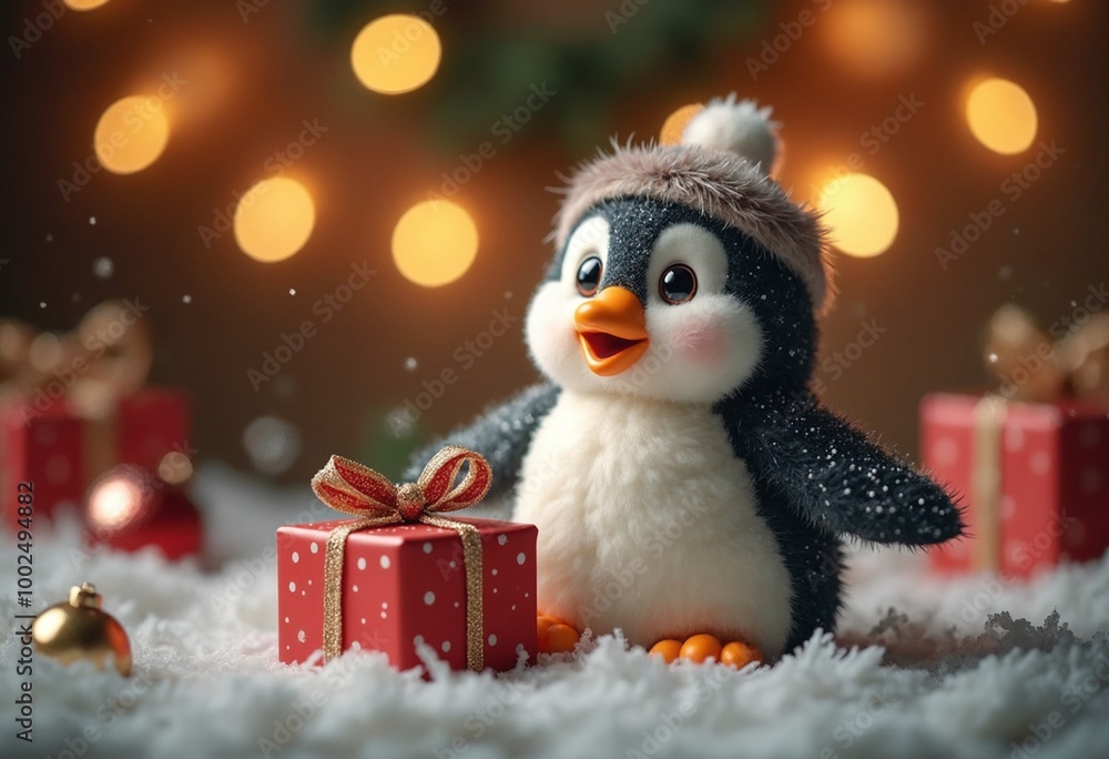 A cute, happy penguin with wrapped present, surrounded by festive decor and warm lighting A cute, happy penguin with wrapped present, surrounded by festive decor and warm lighting