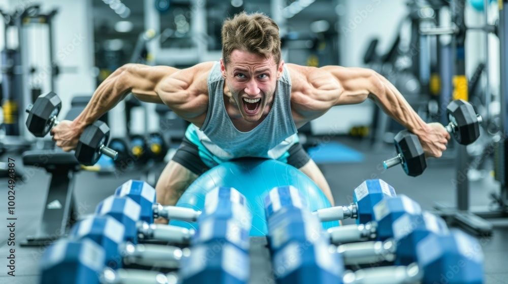 Intense gym workout with dumbbells and exercise ball for strength training. Intense gym workout with dumbbells and exercise ball for strength training.