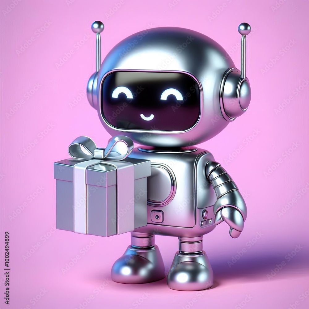 a cute and hip silver shinny metallic cute robot character holding a gift box a cute and hip silver shinny metallic cute robot character holding a gift box