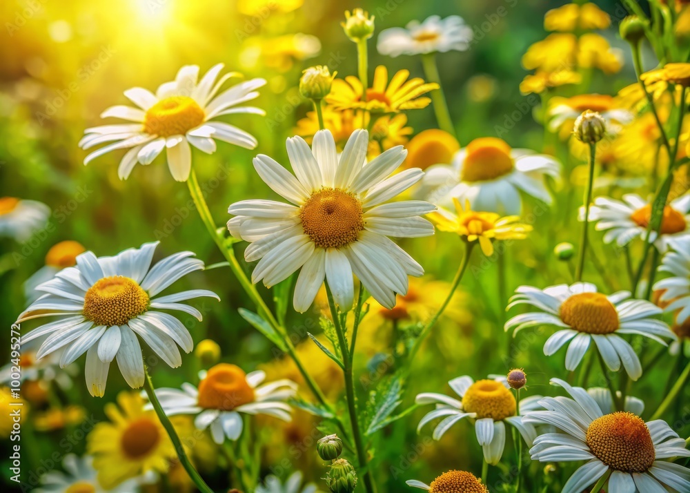 Fototapeta premium A lively garden bursts with chamomile and St. John’s wort, flourishing under the warm glow of bright sunlight,