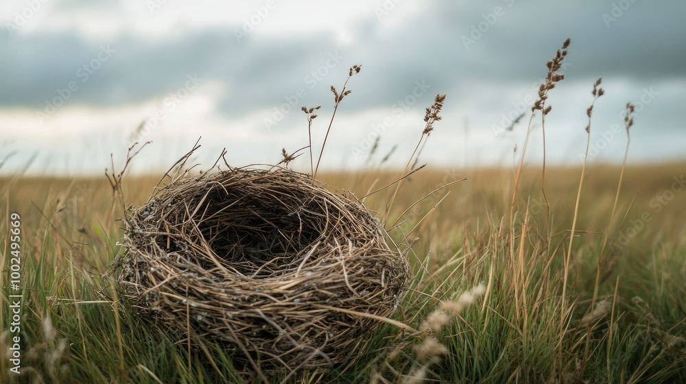 An abandoned dry bird nest in a grassy field, overgrown with weeds and dried plants, set against a cloudy sky. An abandoned dry bird nest in a grassy field, overgrown with weeds and dried plants, set against a cloudy sky.