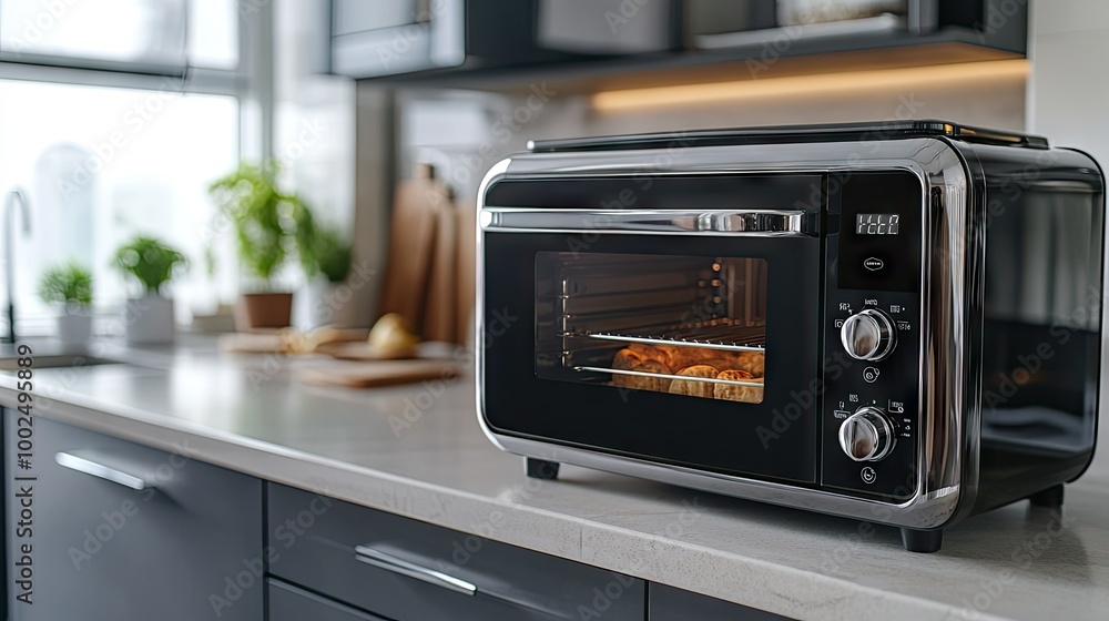 An ultra-modern toaster oven with a black and chrome design, featuring a digital timer and temperature control, in a high-end kitchen. An ultra-modern toaster oven with a black and chrome design, featuring a digital timer and temperature control, in a high-end kitchen.