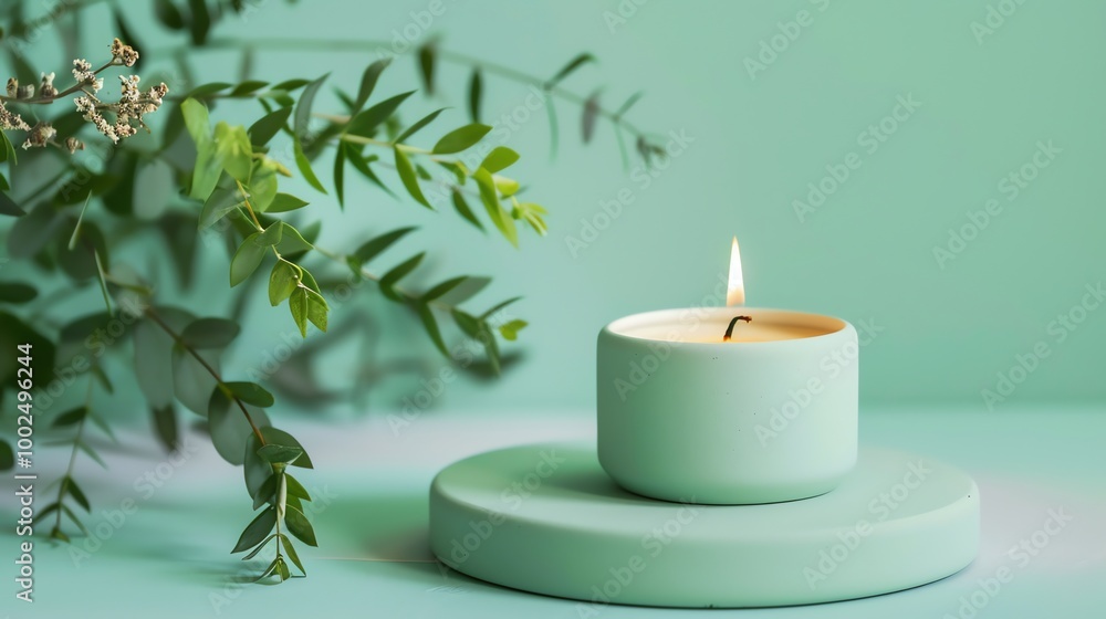 A burning candle in a green holder on a teal surface. A burning candle in a green holder on a teal surface.