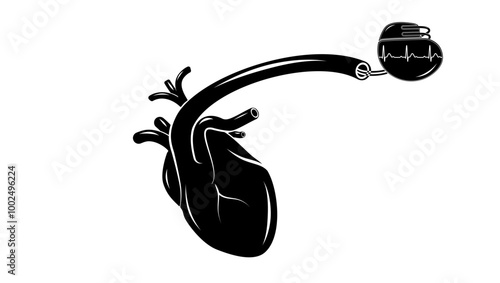 An artificial cardiac pacemaker implanted in the heart, black is