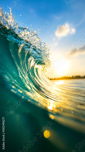 A wave in the ocean with the sun setting in the background. The water is blue and the sky is clear