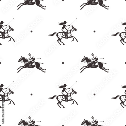 Seamless pattern featuring polo players on horseback in action, depicted in a black and white minimalist style