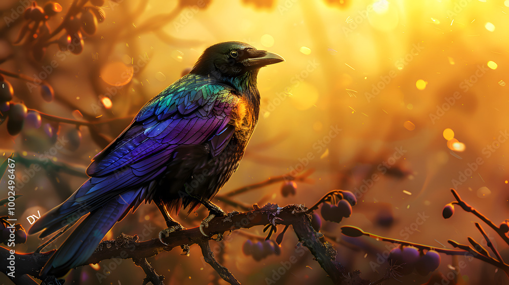 Beautiful black bird with pretty RGB colorful wing feathers. Beautiful black bird with pretty RGB colorful wing feathers.
