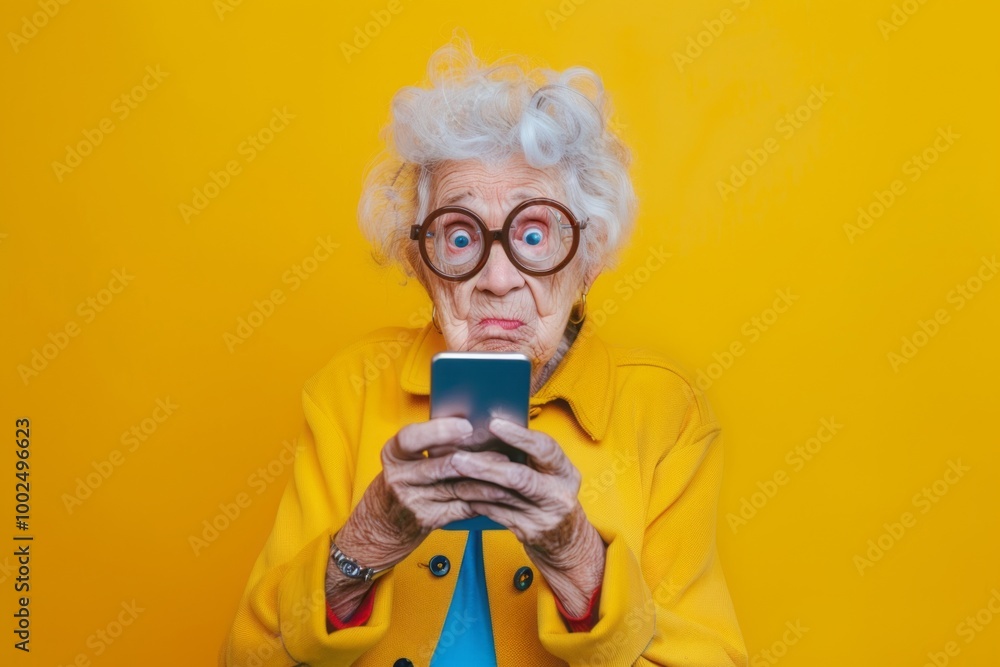Elderly woman surprised by smartphone in vibrant yellow background. Copy space Elderly woman surprised by smartphone in vibrant yellow background. Copy space