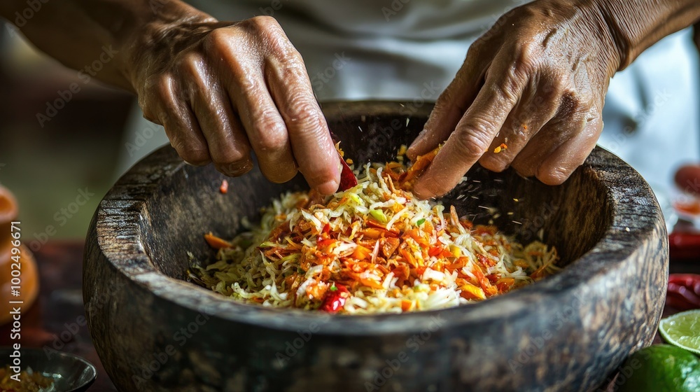 Close-up of Somtum being prepared, with hands shredding green papaya and mixing it with chilies, lime, and fish sauce in a traditional wooden mortar. Close-up of Somtum being prepared, with hands shredding green papaya and mixing it with chilies, lime, and fish sauce in a traditional wooden mortar.