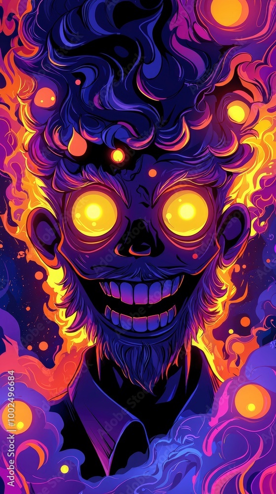 Psychedelic Man with Glowing Eyes and a Grin Psychedelic Man with Glowing Eyes and a Grin