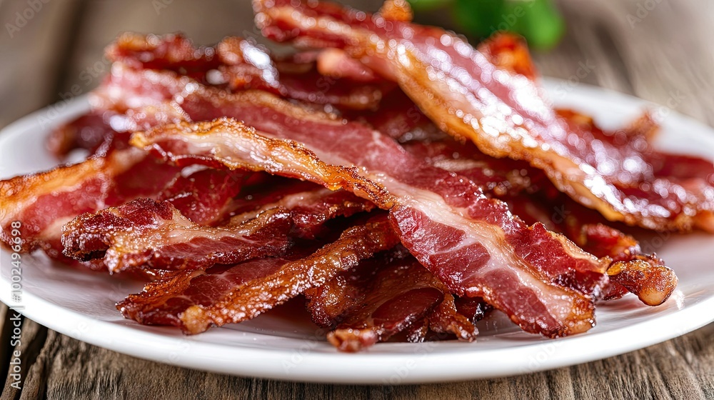 Obraz premium Close-up of thick-cut smoked bacon strips, with crispy edges, arranged on a white ceramic plate.