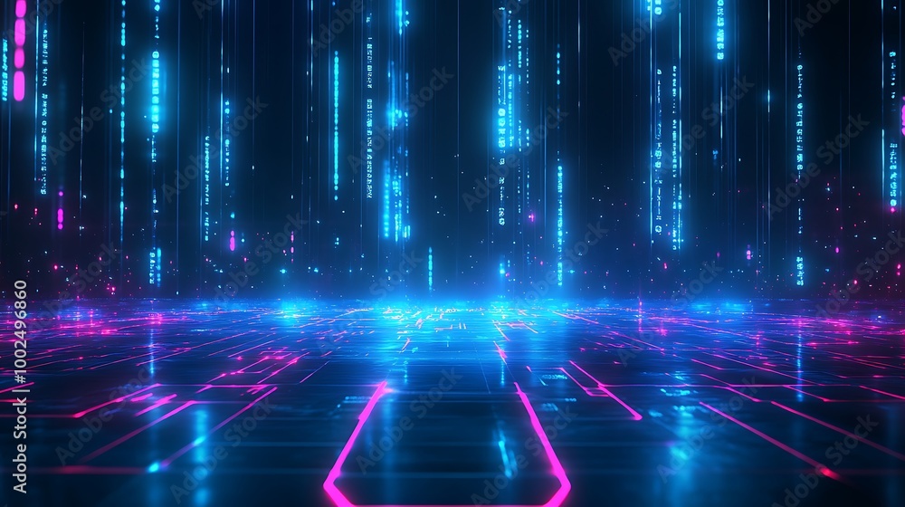 Futuristic digital environment with neon lights and glowing patterns, perfect for sci-fi or tech-related themes. Futuristic digital environment with neon lights and glowing patterns, perfect for sci-fi or tech-related themes.