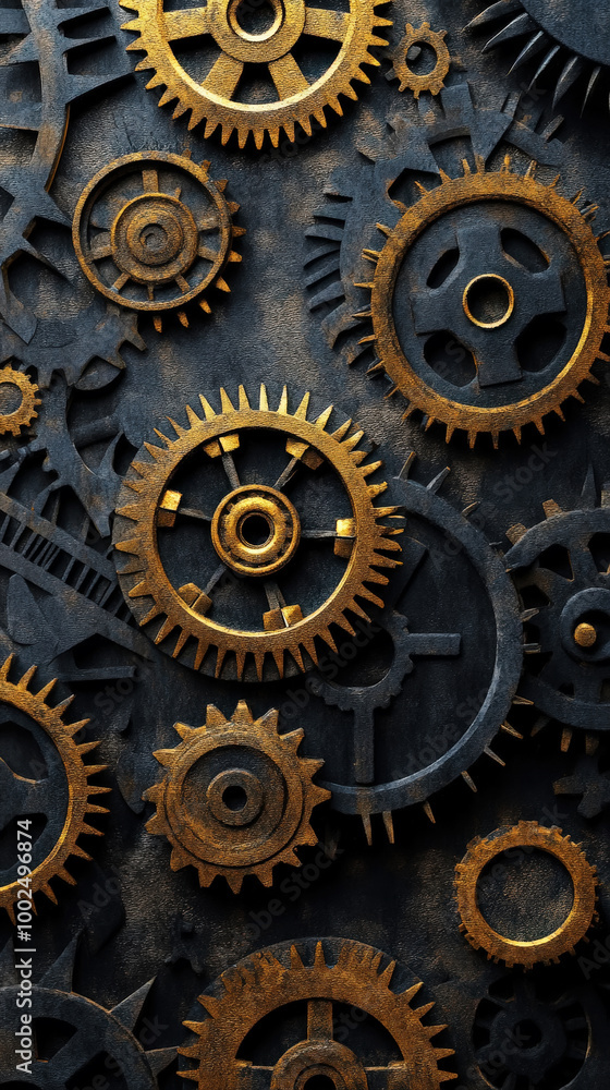Industrial steampunk template, mechanical gears. black and golden colour, copy space in centre. Generative AI Industrial steampunk template, mechanical gears. black and golden colour, copy space in centre. Generative AI