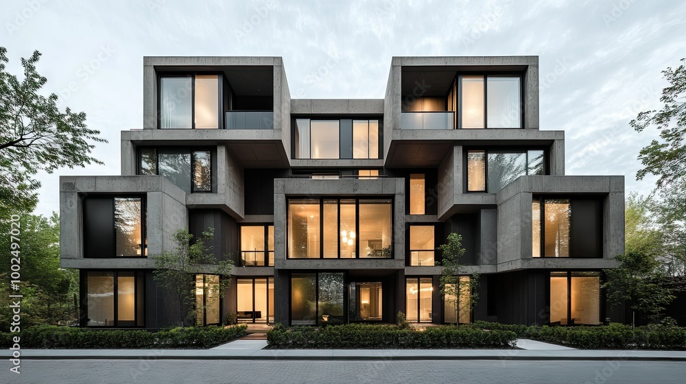 Obraz premium Exterior of a contemporary residential building with sharp geometric shapes, floor-to-ceiling windows, and a mix of concrete and glass materials.