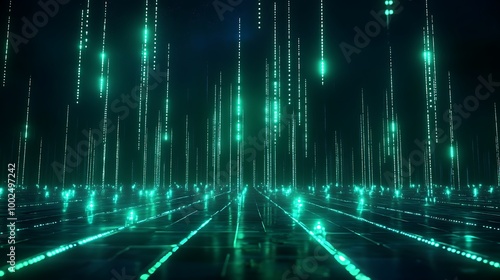 Futuristic digital landscape featuring glowing green lines and data streams, creating a high-tech atmosphere.