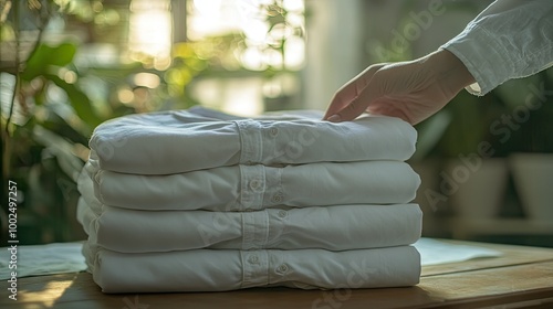 Freshly laundered fluffy shirts stacked neatly on a table, with a hand reaching to feel the softness and freshness.