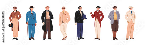 Vintage gentlemen of 20th century set. English aristocrats in retro costumes. Victorian british men in hat, suit, coat. Rich noblemen with cane. Flat isolated vector illustrations on white background