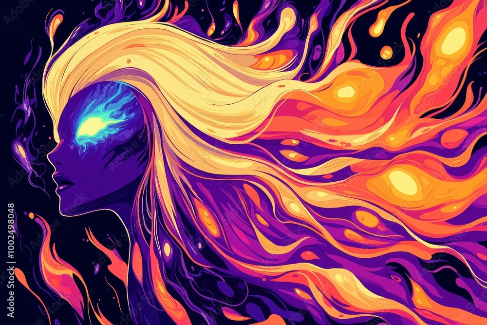 Woman With Fiery Hair and Eyes, Abstract Art Woman With Fiery Hair and Eyes, Abstract Art