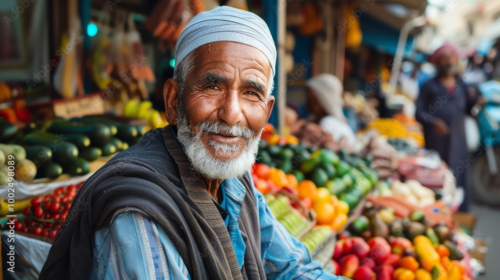 A man smiles for the camera at a market. A man smiles for the camera at a market.
