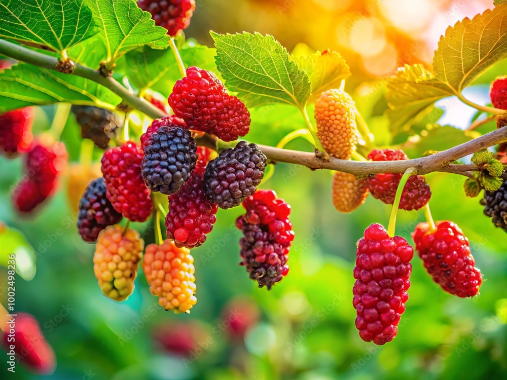 Fresh and Ripe Mulberries on Branches with Green Leaves in a Bright Sunny Garden Setting Fresh and Ripe Mulberries on Branches with Green Leaves in a Bright Sunny Garden Setting