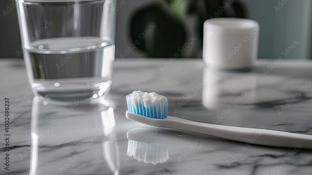 Toothbrush with a generous amount of toothpaste resting on a marble countertop with a glass of water beside it. Toothbrush with a generous amount of toothpaste resting on a marble countertop with a glass of water beside it.