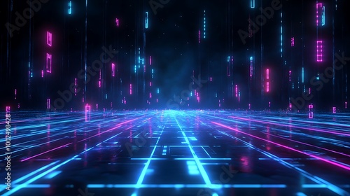 Futuristic digital landscape with glowing blue and pink lines, creating a vibrant and immersive visual experience.