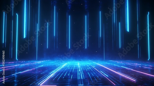 Futuristic digital landscape with glowing blue and pink lines creating a sci-fi atmosphere.