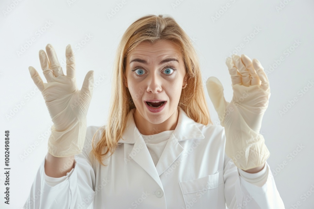 Surprised scientist in lab coat with gloves raised against white background. Surprised scientist in lab coat with gloves raised against white background.