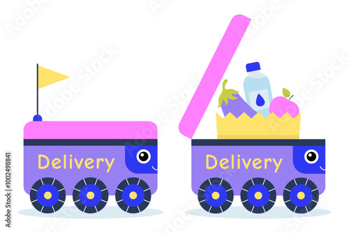 Cute robot delivering goods, food, vector, flat vector mini set