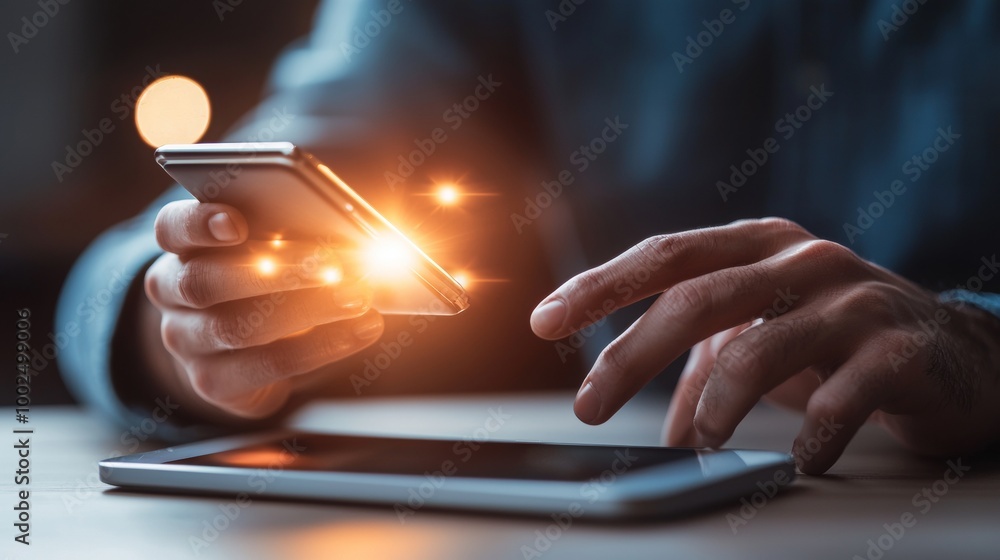 Naklejka premium A person is using a smartphone while interacting with a tablet, illuminated by a glowing effect, suggesting a high-tech digital environment.