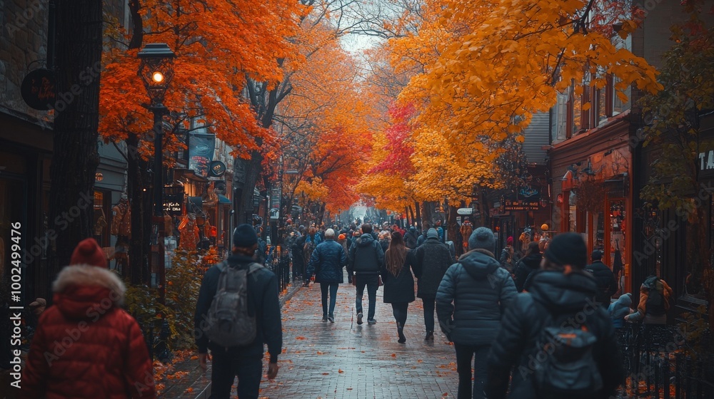 Fototapeta premium Busy city street lined with colorful autumn trees and people walking in a vibrant neighborhood