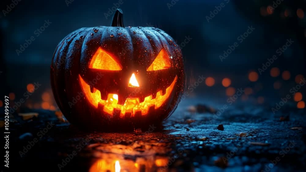 Realistic close up pumpkin lantern with spooky light effect, halloween celebration background in autumn. AI generated Realistic close up pumpkin lantern with spooky light effect, halloween celebration background in autumn. AI generated