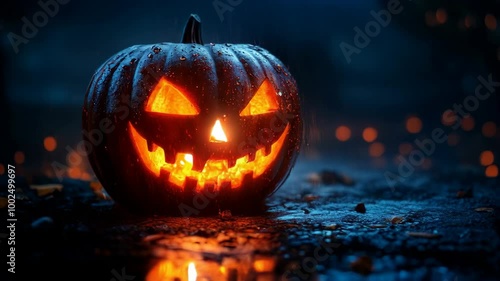 Realistic close up pumpkin lantern with spooky light effect, halloween celebration background in autumn. AI generated