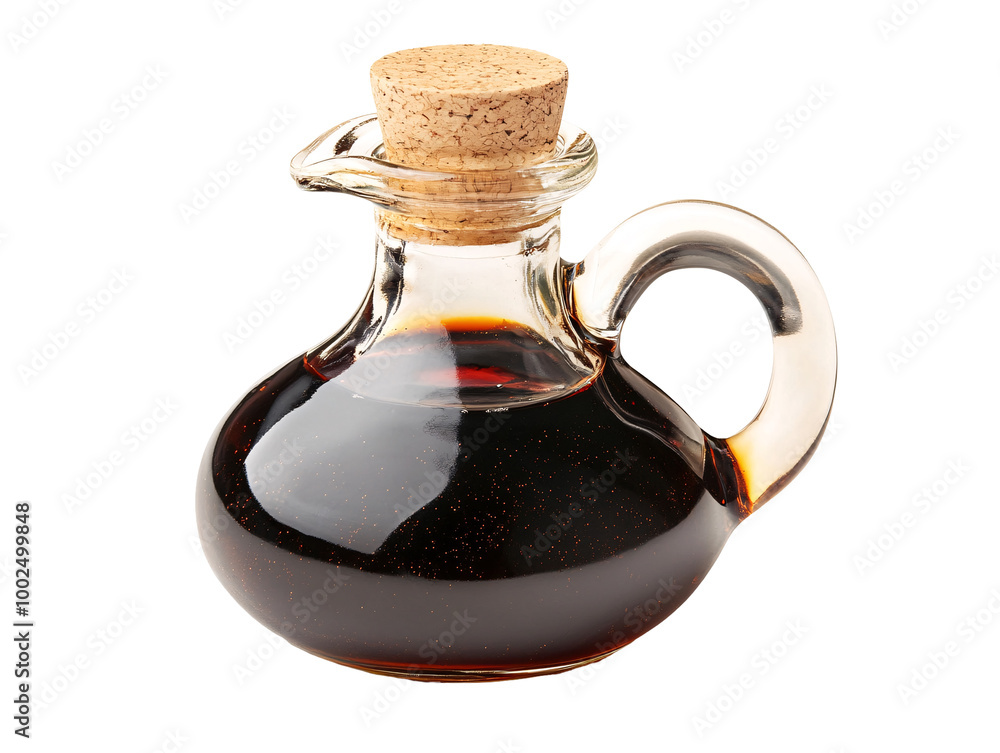 a glass bottle with a cork and a brown liquid