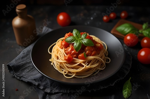 Classic Spaghetti with Tomato Sauce and Basil on Dark Background 