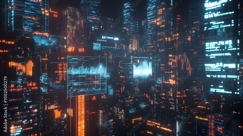 A digital stock market display featuring holographic data plummeting, surrounded by futuristic financial symbols, with a cityscape backdrop showing signs of technological failure A digital stock market display featuring holographic data plummeting, surrounded by futuristic financial symbols, with a cityscape backdrop showing signs of technological failure