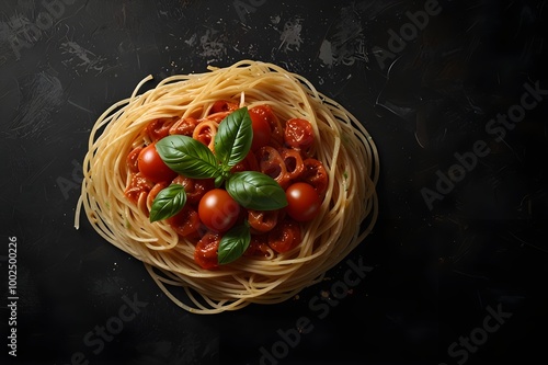 Classic Spaghetti with Tomato Sauce and Basil on Dark Background 
