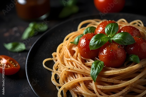 Classic Spaghetti with Tomato Sauce and Basil on Dark Background 