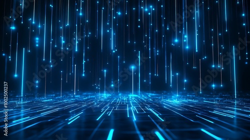 Futuristic digital landscape with glowing blue lines and particles  creating a sense of depth and motion.