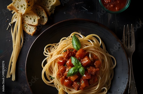 Classic Spaghetti with Tomato Sauce and Basil on Dark Background 