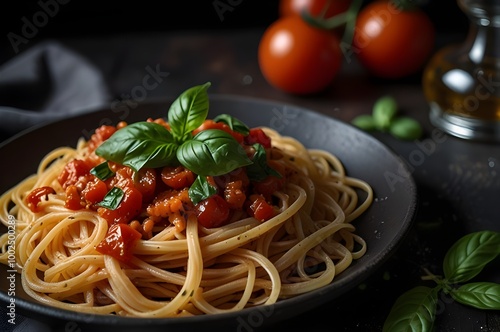 Classic Spaghetti with Tomato Sauce and Basil on Dark Background 