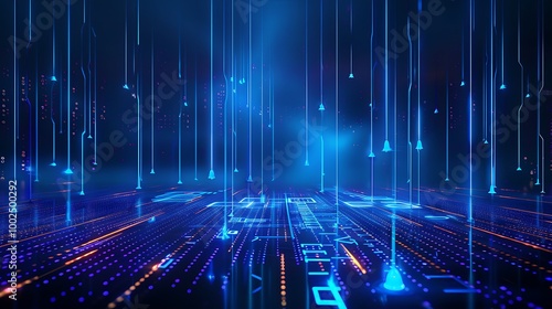 Futuristic digital landscape with glowing blue lines and particles  representing advanced technology and data flow.