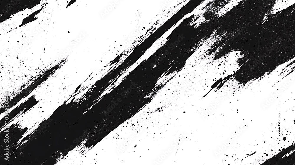 Naklejka premium Abstract black and white brush strokes with splatters on white background.