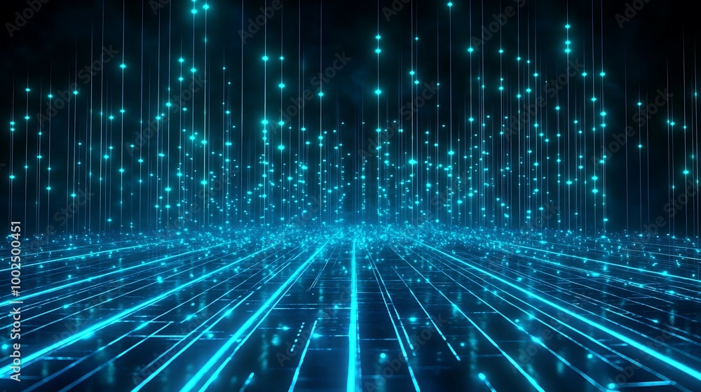 Futuristic digital landscape with glowing blue lines and particles on a dark background. Futuristic digital landscape with glowing blue lines and particles on a dark background.