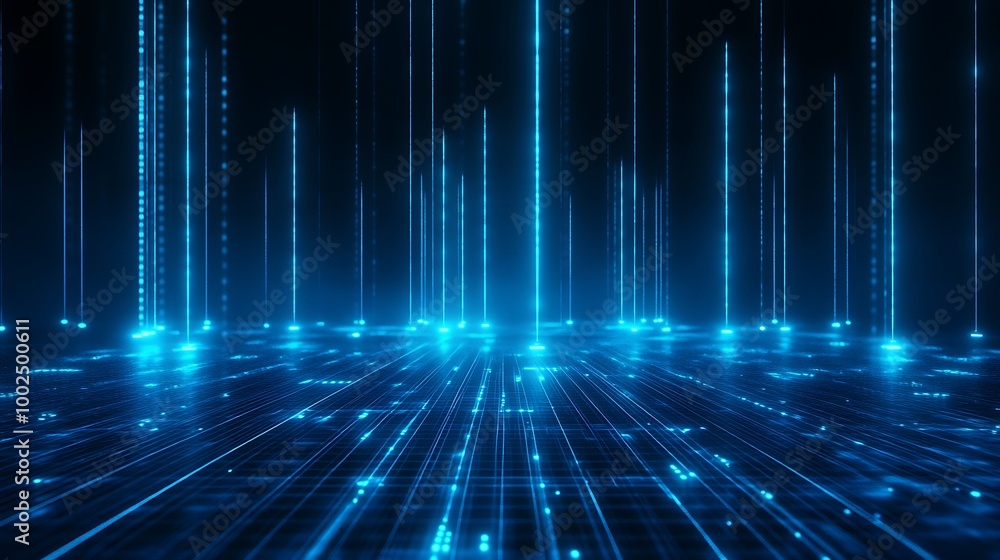 Futuristic digital landscape with glowing blue lines and patterns flowing in a dark space. Futuristic digital landscape with glowing blue lines and patterns flowing in a dark space.