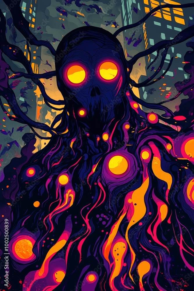 Abstract Glowing Purple and Orange Creature Emerging from Cityscape Abstract Glowing Purple and Orange Creature Emerging from Cityscape