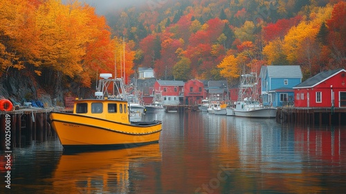 Scenic city harbor adorned with autumn foliage and a yellow fishing boat
